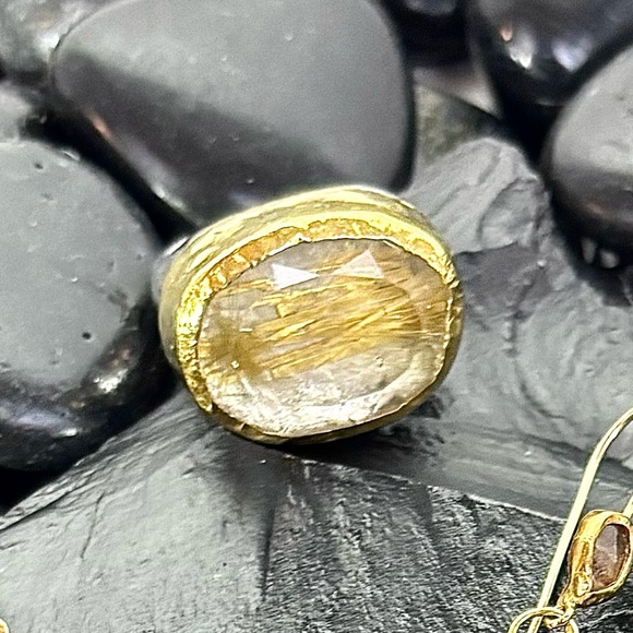 NAVA ZAHAVI 24k Gold/Sterling Silver/Rutilated Quartz Ring Size 7 - 7.5 - Picture 2 of 4
